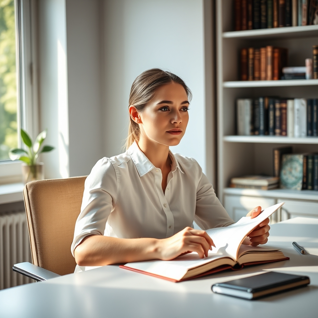 A woman sits at a desk at home journaling under natural light, holding a pen with an open journal and books in the background.