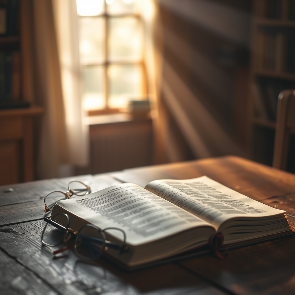 A worn, open Bible resting on a wooden table in a sunlit, peaceful study.