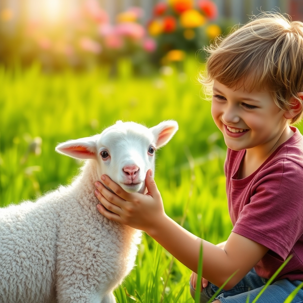 A young child smiling and petting a fluffy white lamb in a bright garden