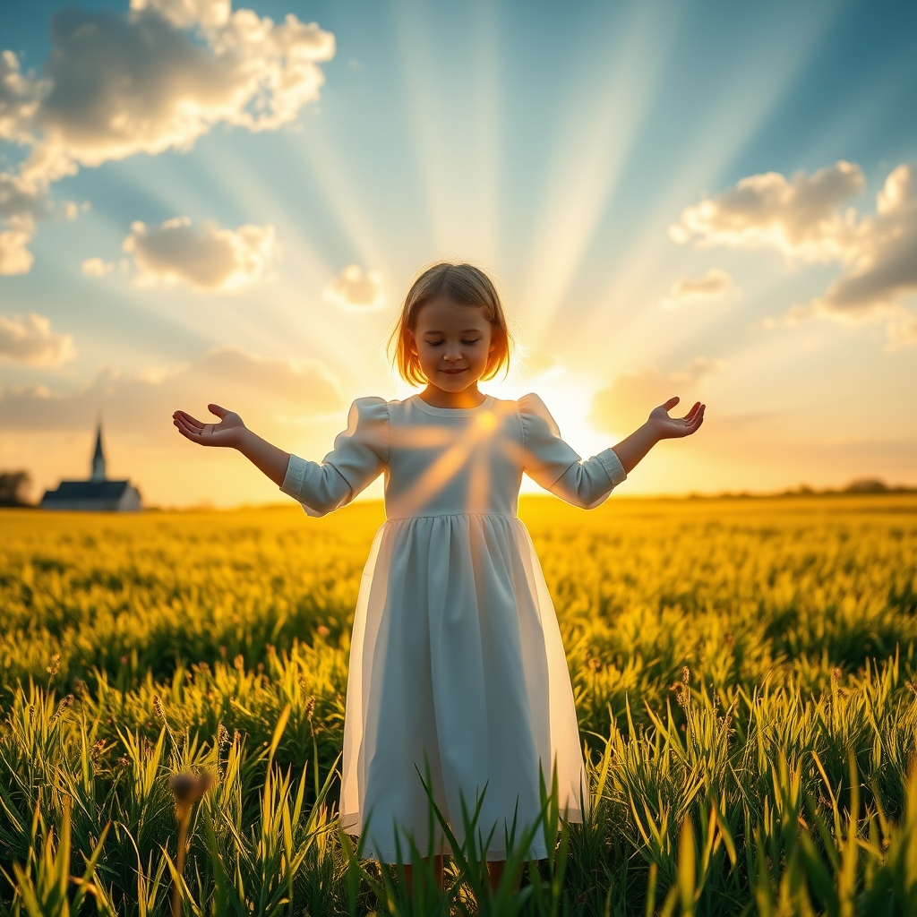 A young girl in a white dress stands in a sunlit meadow with golden light streaming through the clouds, capturing the warmth and hope of the beloved hymn 'Jesus Wants Me for a Sunbeam'