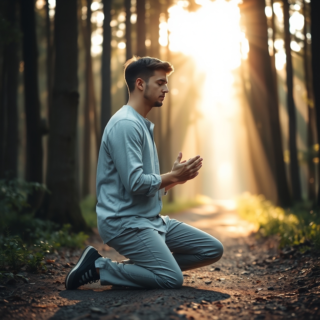 A young man in his late twenties kneeling in quiet prayer on a forest trail bathed in golden-hour light, capturing a personal moment of surrender to Christ.
