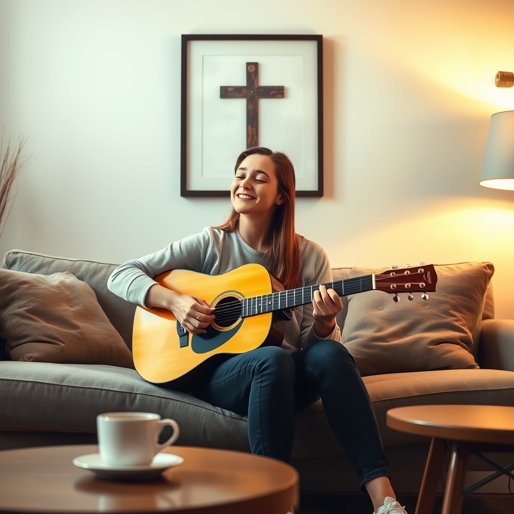 A young person playing an acoustic guitar and singing in a cozy living room with a cross on the wall, expressing personal faith through music.