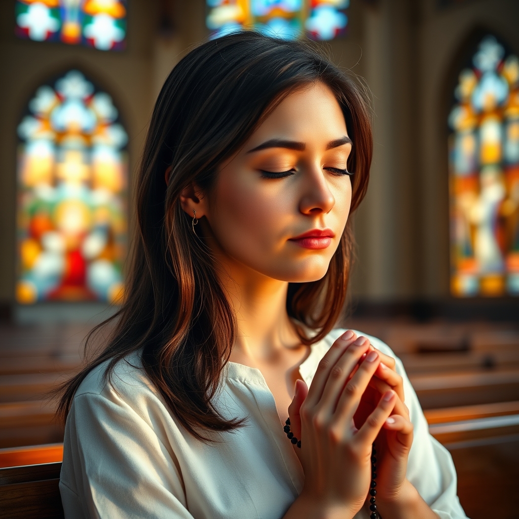 A young woman prays peacefully inside a church illuminated by colorful stained-glass light, embodying faith, hope, and devotion.