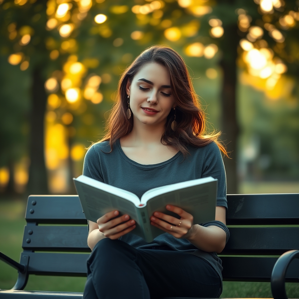 A young woman sitting on a park bench during golden hour, peacefully reading an open Bible with warm sunlight filtering through trees in the background.