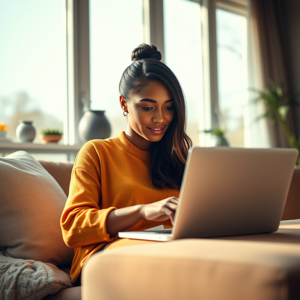 A young woman streaming faith-based music on her laptop in a modern living room.