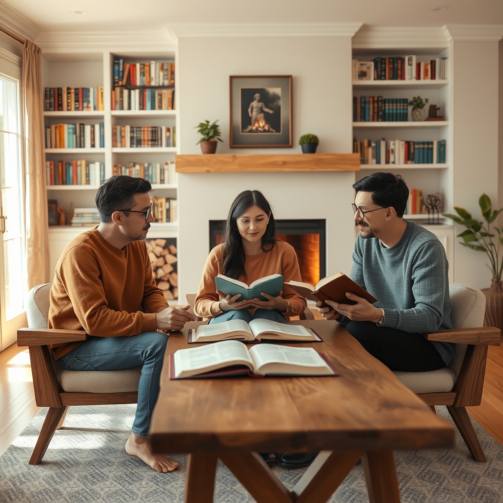 Adult friends having a heartfelt Bible discussion in a cozy living room with bookshelves.
