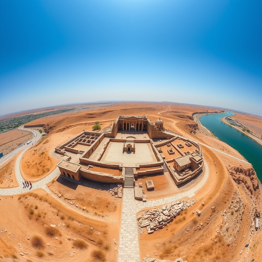 Aerial panoramic view of the UNESCO baptism site at Bethany Beyond the Jordan, showing ancient stone ruins, chapels, and desert landscape.