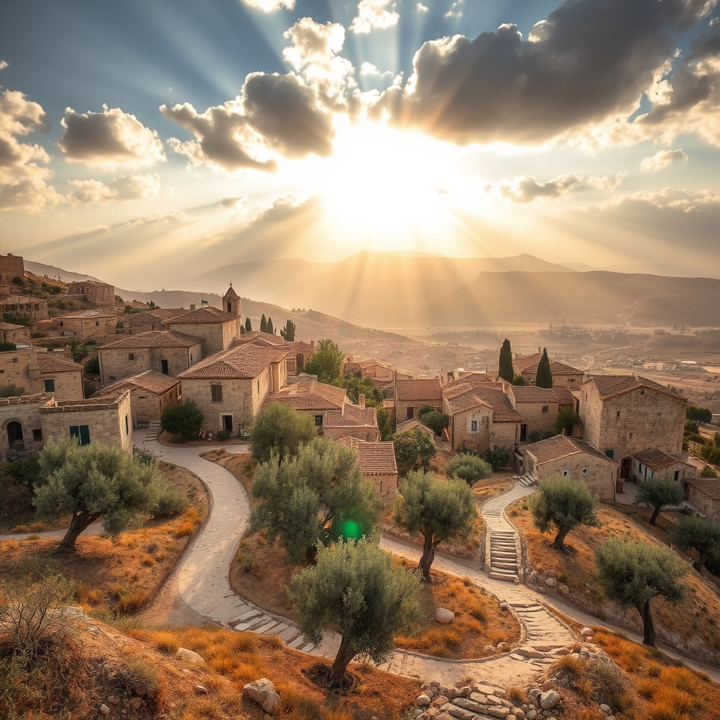 Aerial view of ancient Bethany at golden hour with stone buildings, olive trees, and warm atmospheric light in first-century Judea