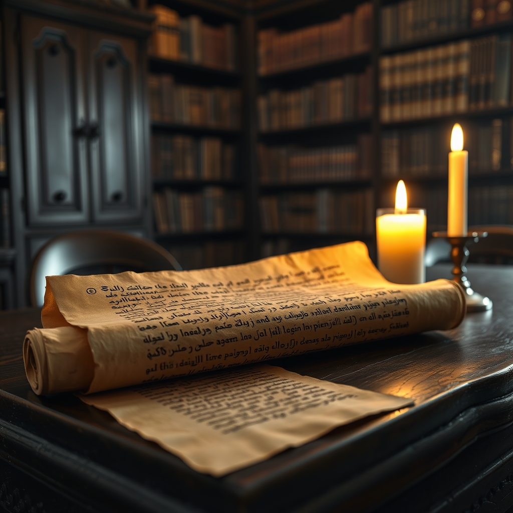 An ancient papyrus scroll with Coptic text on a wooden table, lit by candlelight in a dim study.