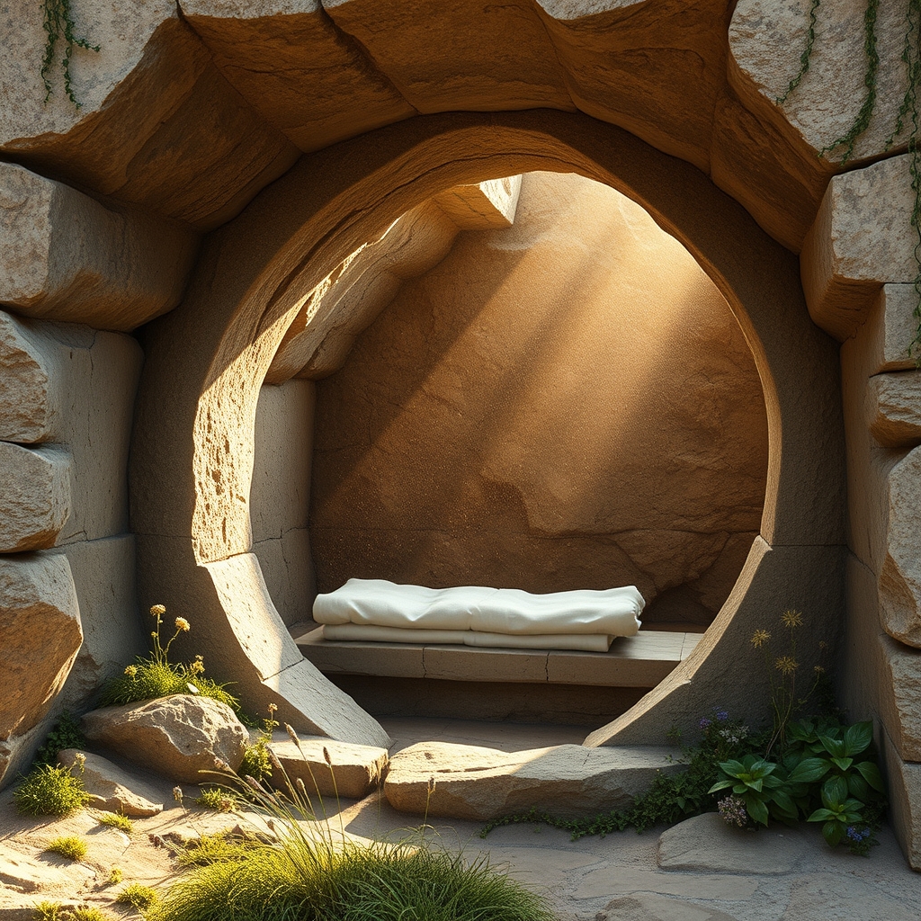 An ancient stone burial chamber with the stone rolled aside, showing empty interior with linen cloths on a stone shelf and natural light filtering in, wildflowers growing around the entrance.