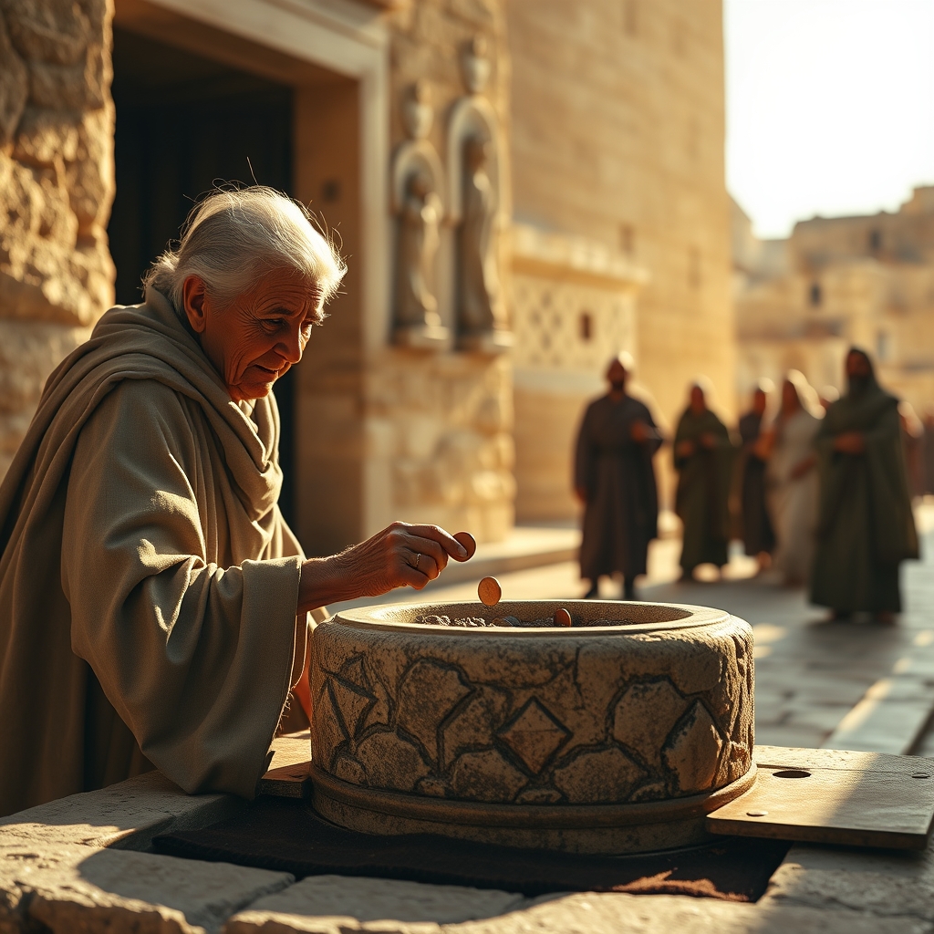 An elderly poor widow humbly dropping two small coins into a temple offering box while wealthy people enter behind her.