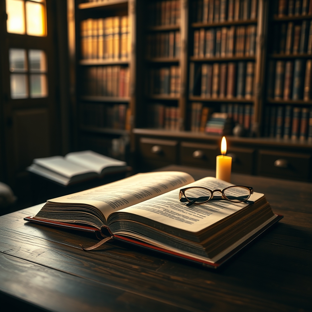 An illuminated open Bible on a wooden table next to reading glasses and a candle, symbolizing careful study of scripture about Jesus preaching to the dead.
