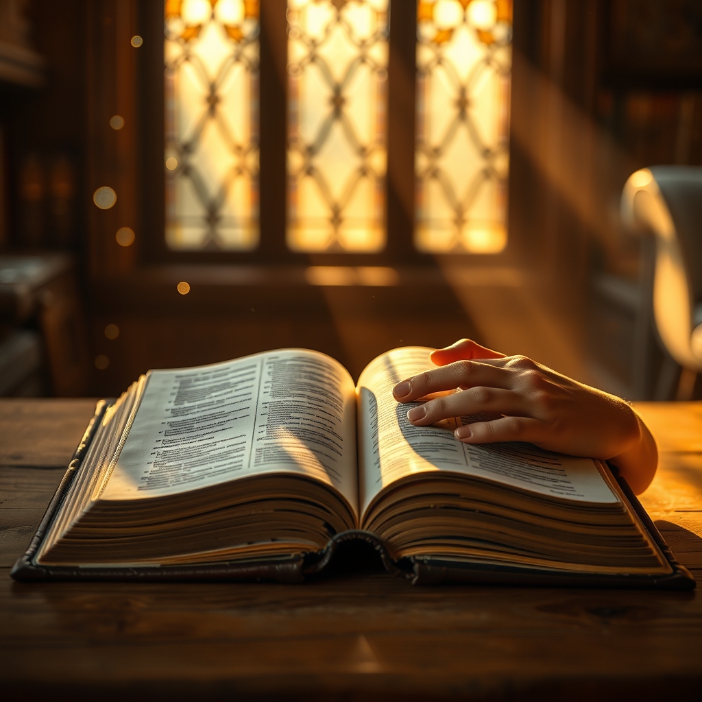 An old leather-bound Bible lies open on a wooden table in warm sunlight, conveying a sense of sacred reverence and divine promise.