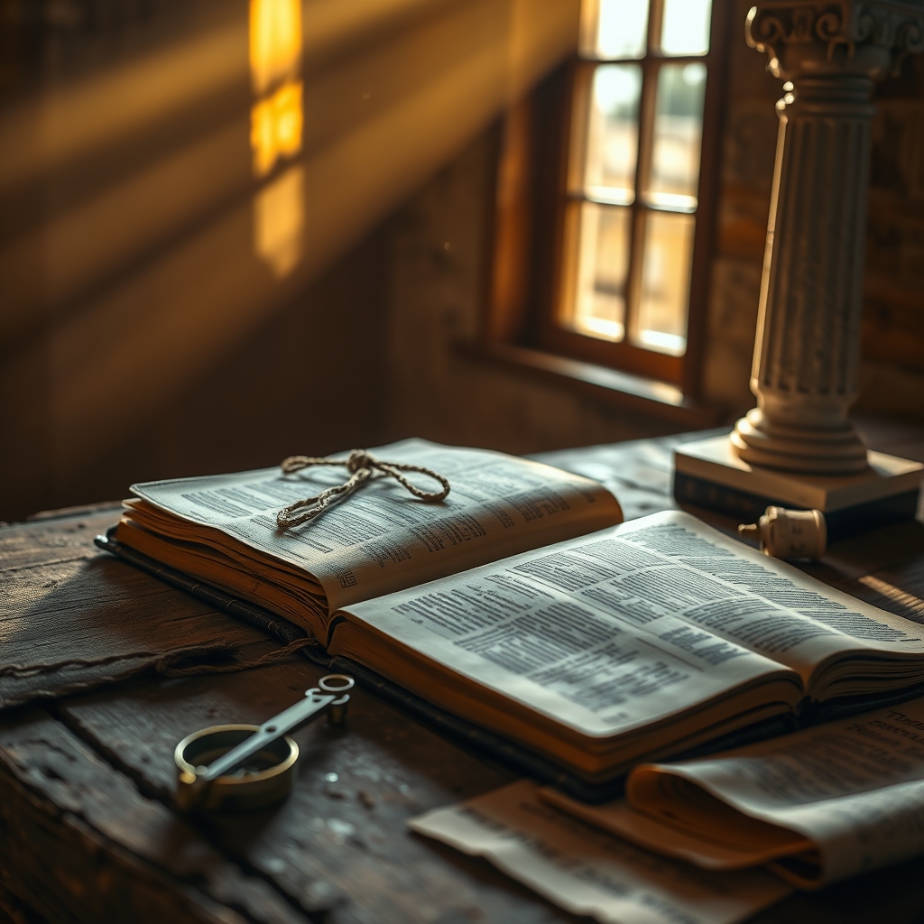 An open ancient Bible and historical artifacts on a wooden table illuminated by soft sunlight, evoking the search for the historical Jesus.