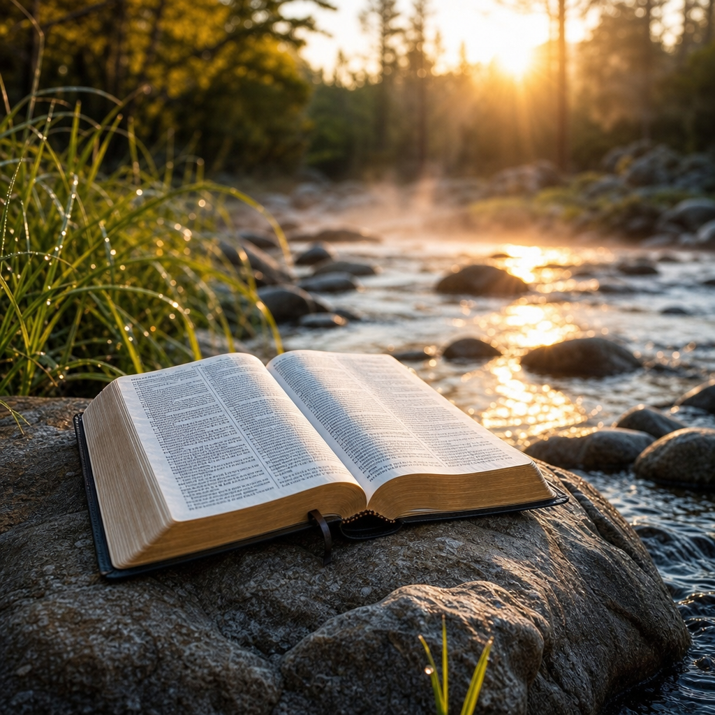 An open Bible beside a clear flowing stream at sunrise, symbolizing living water, cleansing, healing, and God’s provision.