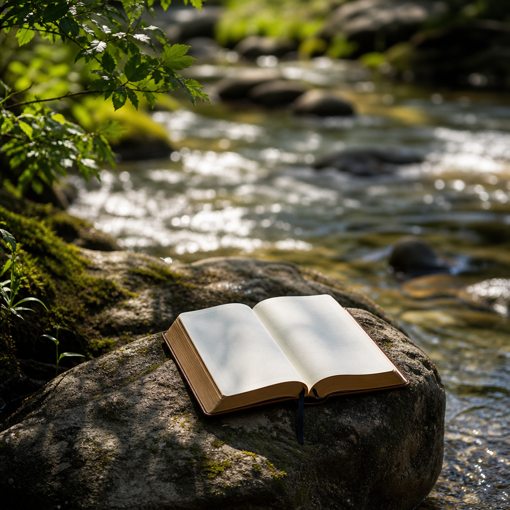 An open Bible beside a clear flowing stream in soft sunlight.