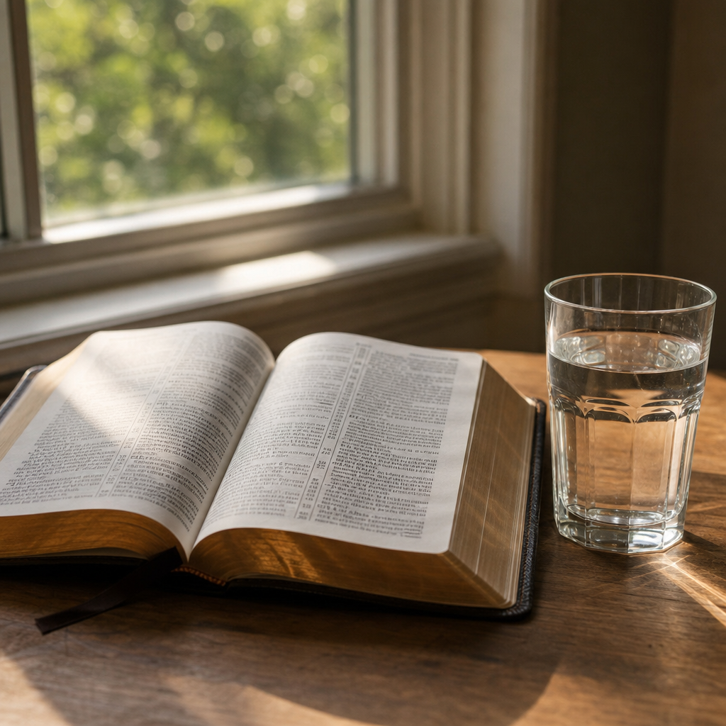 An open Bible beside a glass of water in soft morning light.