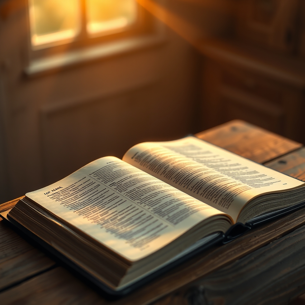An open Bible in warm lighting, highlighting a meaningful and contemplative atmosphere.