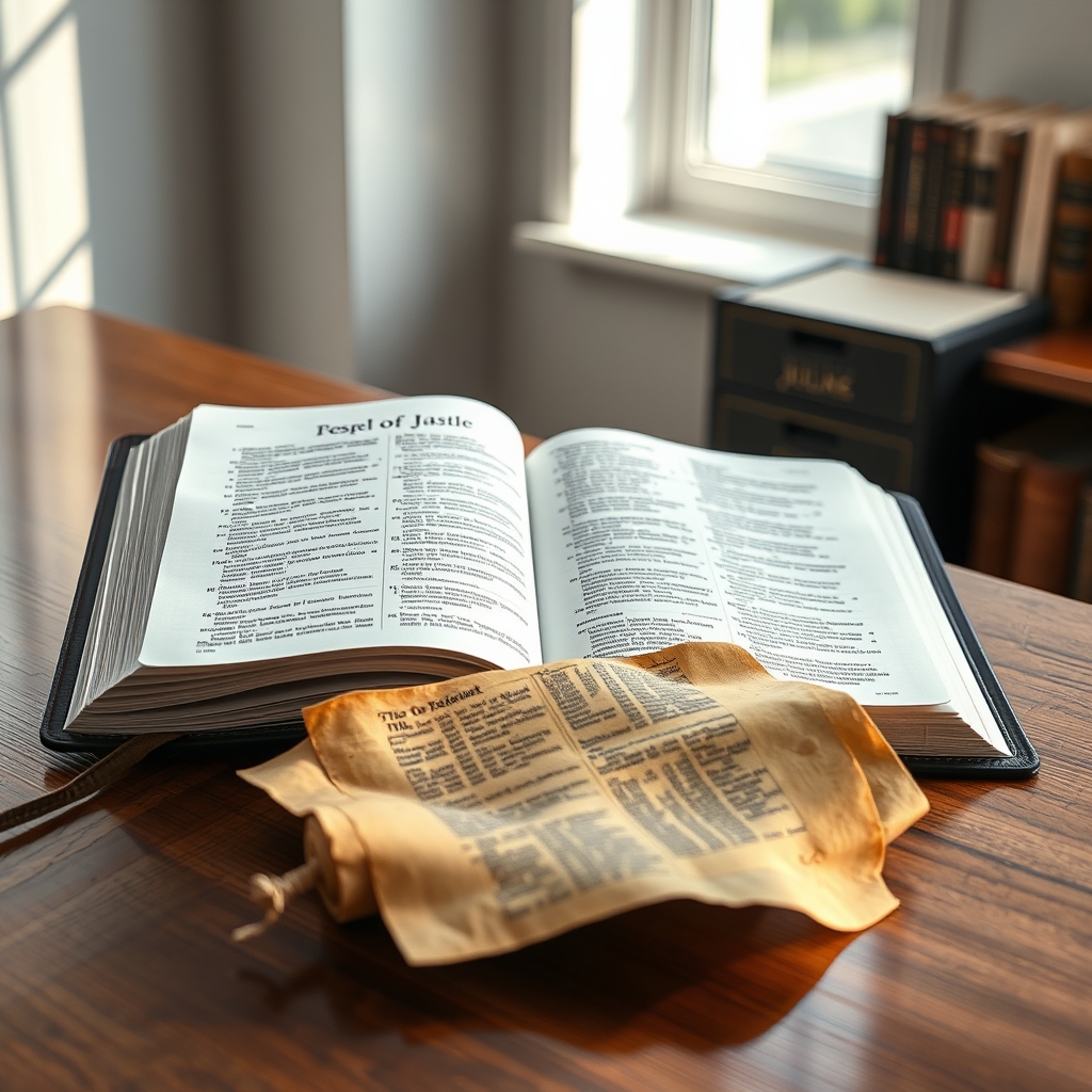 An open Bible next to a replica of an ancient scroll on a wooden desk, with soft natural lighting.