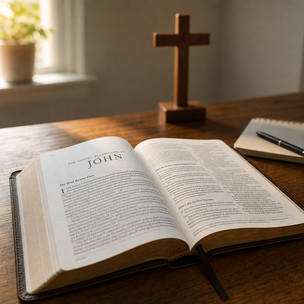 An open Bible on a desk with a cross softly visible in the background.