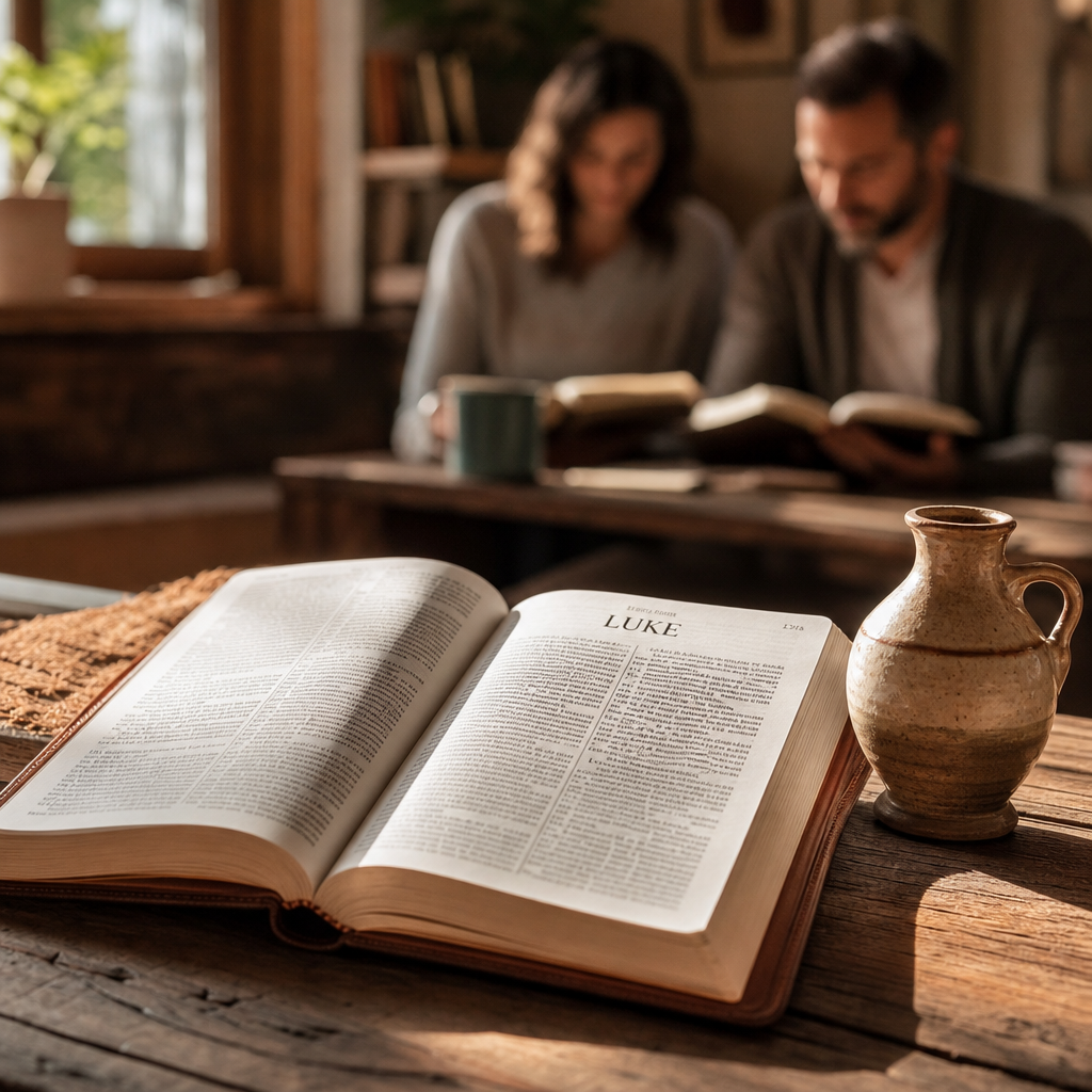 An open Bible on a table beside a small oil jar in a quiet Bible study setting.