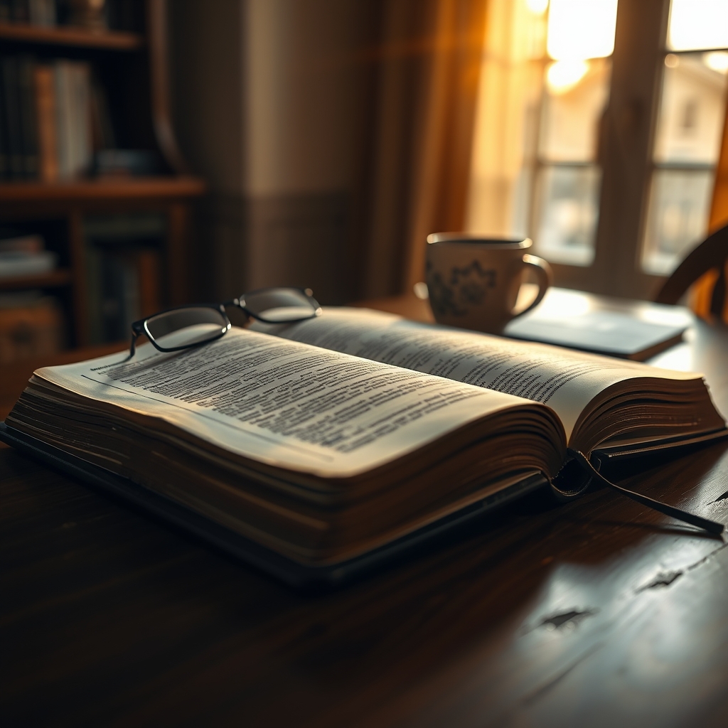 An open Bible on a wooden table with warm light, symbolizing the study of scripture.