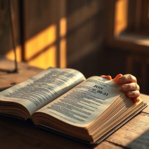 An open Bible on a wooden table with warm morning light, showing the Gospel of John chapter 20, with hands resting beside it in a prayerful, reverent setting.