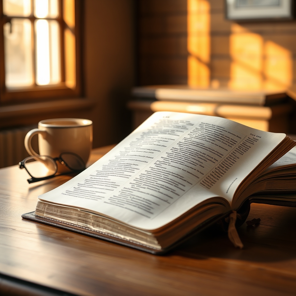 An open Bible showing Luke chapter 4, resting on a wooden table in a warmly lit study with morning sunlight streaming through a window.