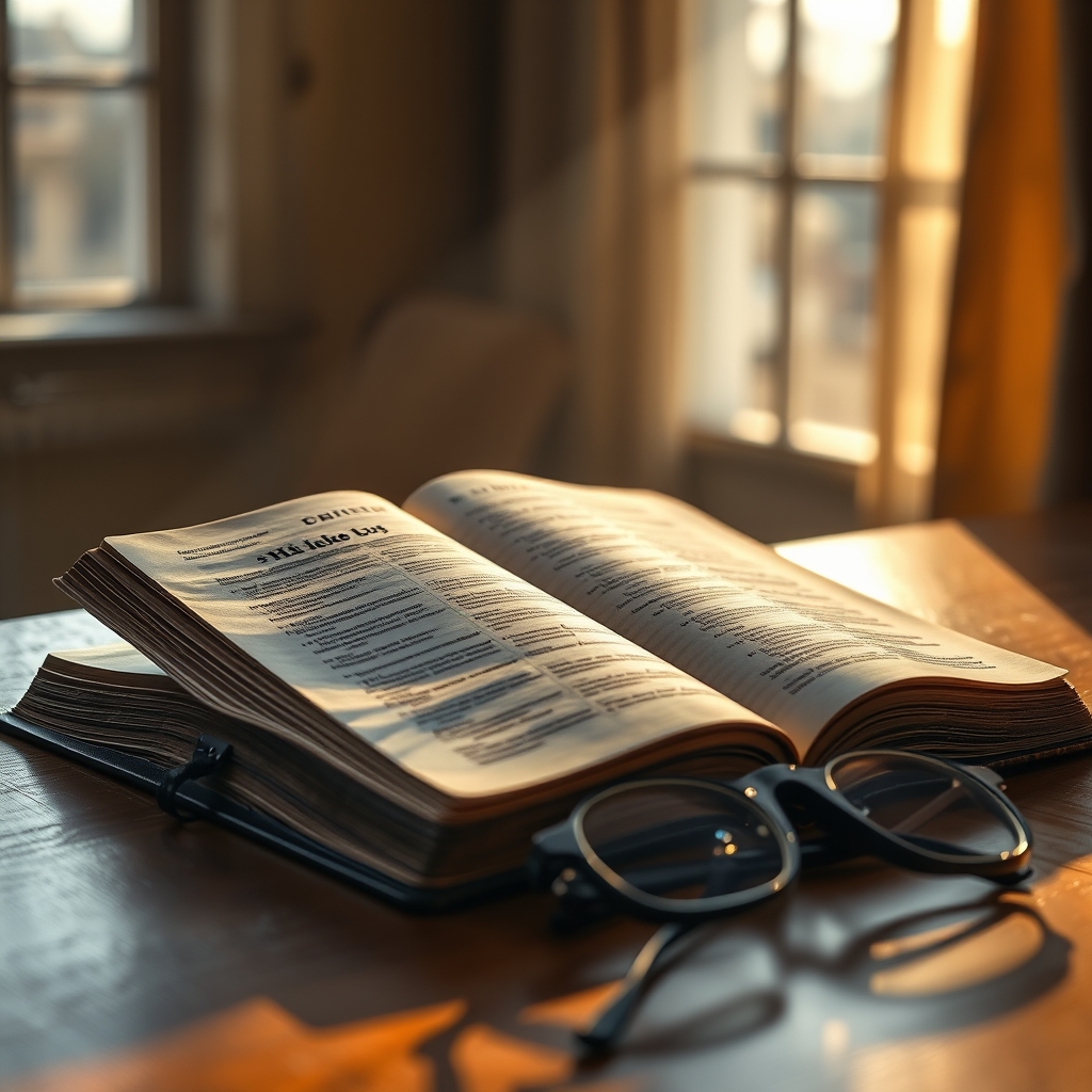 An open King James Bible resting on a wooden table beside reading glasses in warm morning sunlight
