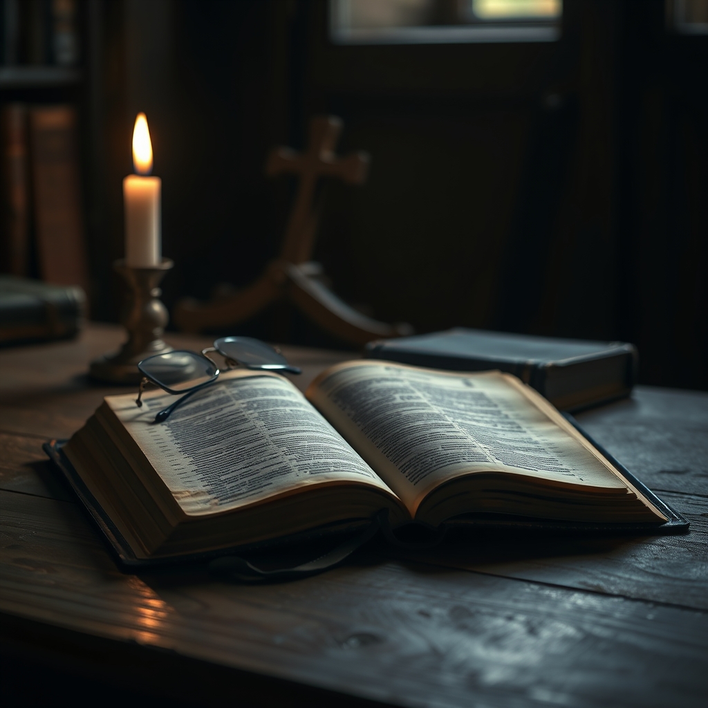 An open, weathered Bible on a wooden table with a candle and reading glasses, in a dimly lit study.