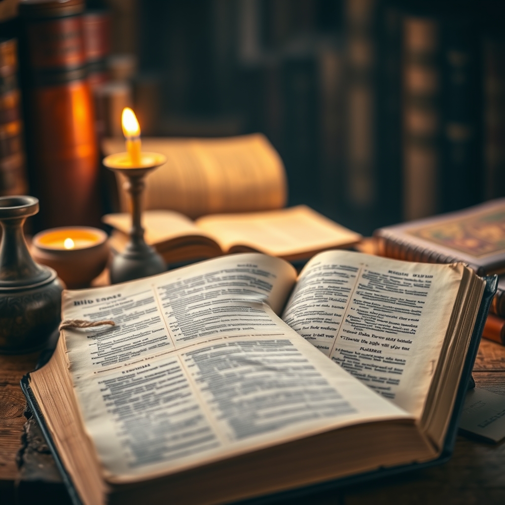 Ancient manuscript pages of the Gospel of John on a wooden desk with warm lighting, surrounded by biblical study materials and artifacts