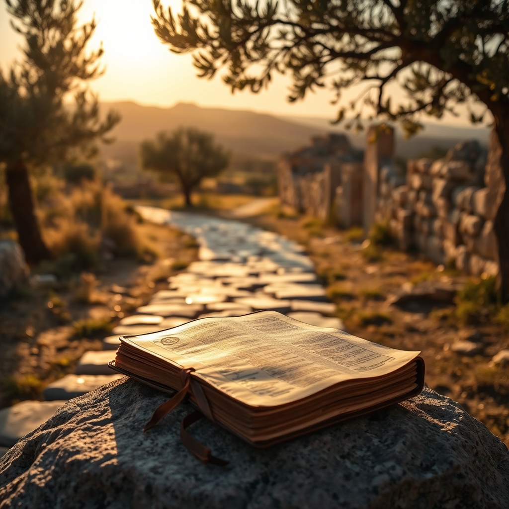 Ancient stone pathway through a sunlit Palestinian olive grove with an old leather Bible resting on a stone in the foreground and Judean hills in the distance.