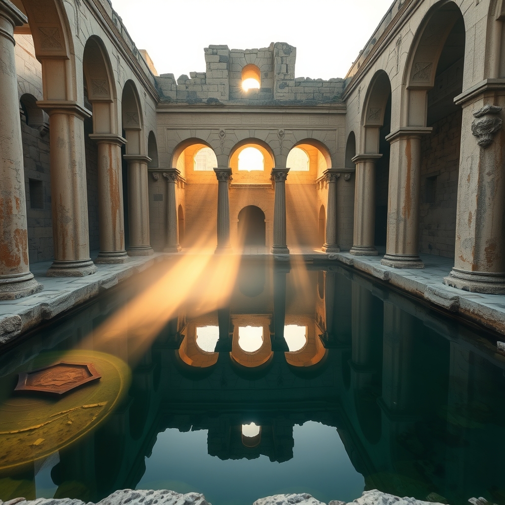 Ancient stone pool filled with still water at sunrise, symbolizing the spiritual significance of Bethesda