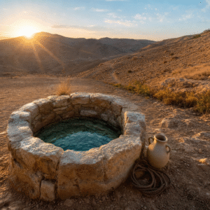 Ancient stone well at sunrise with clear water and a clay jar, symbolizing Jesus’ gift of living water in John 4.