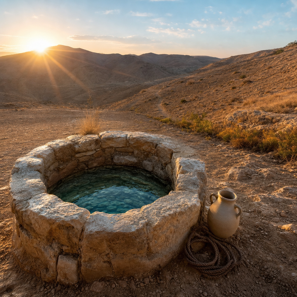Ancient stone well at sunrise with clear water and a clay jar, symbolizing Jesus’ gift of living water in John 4.