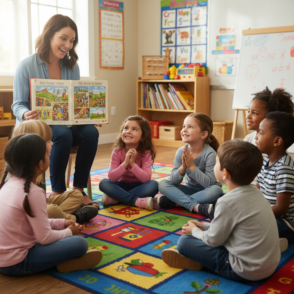 Children sit in a circle listening to a teacher reading a story.