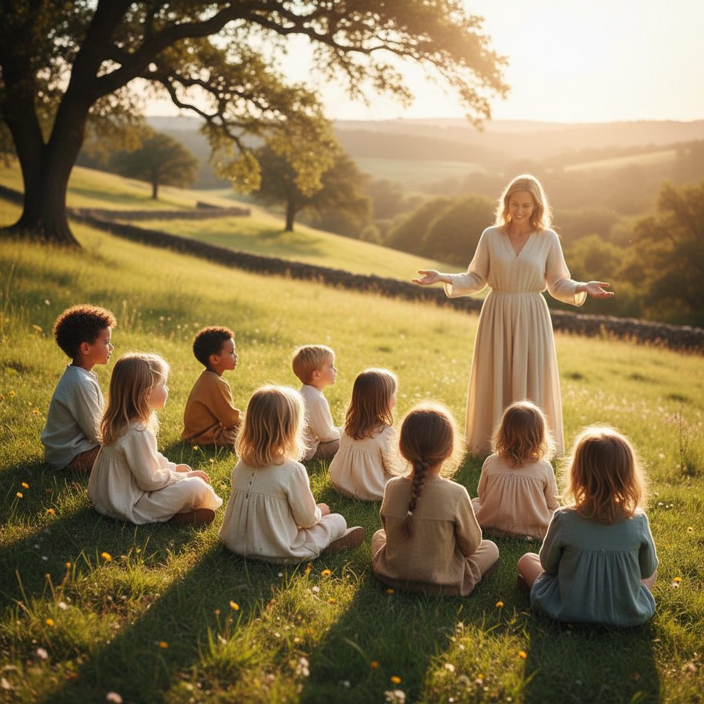 Children sit on grass as an adult reaches out with open hands.