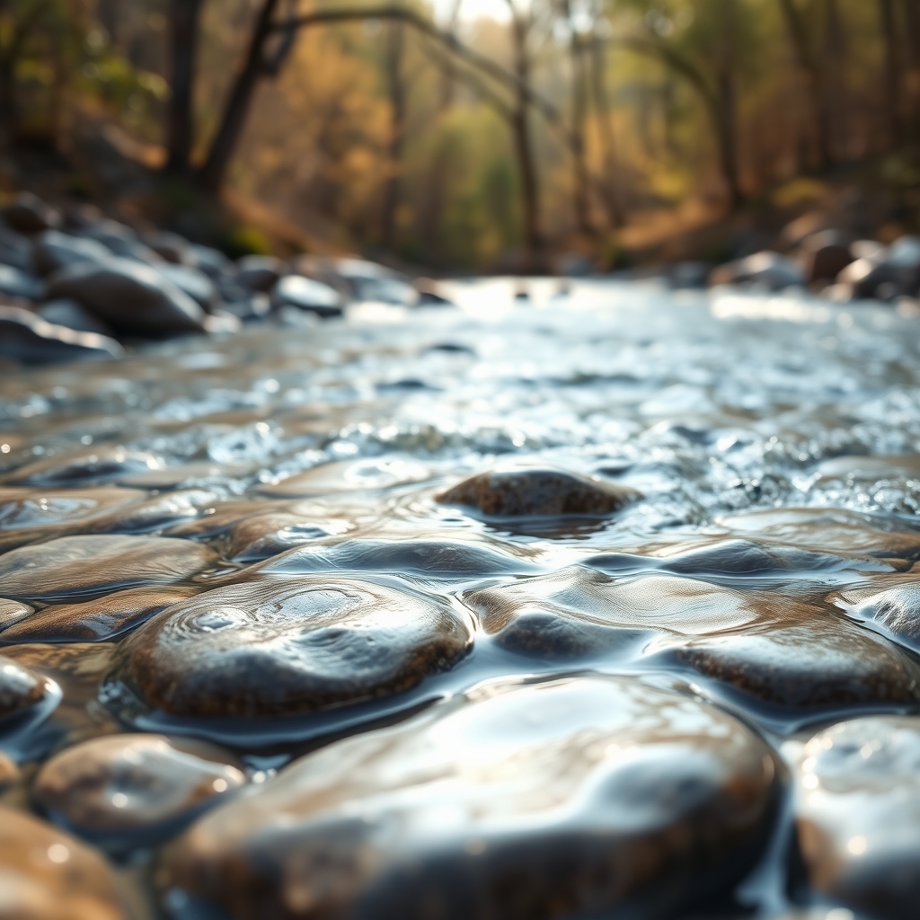 Clear water flowing over smooth stones in a peaceful natural setting with soft morning light.