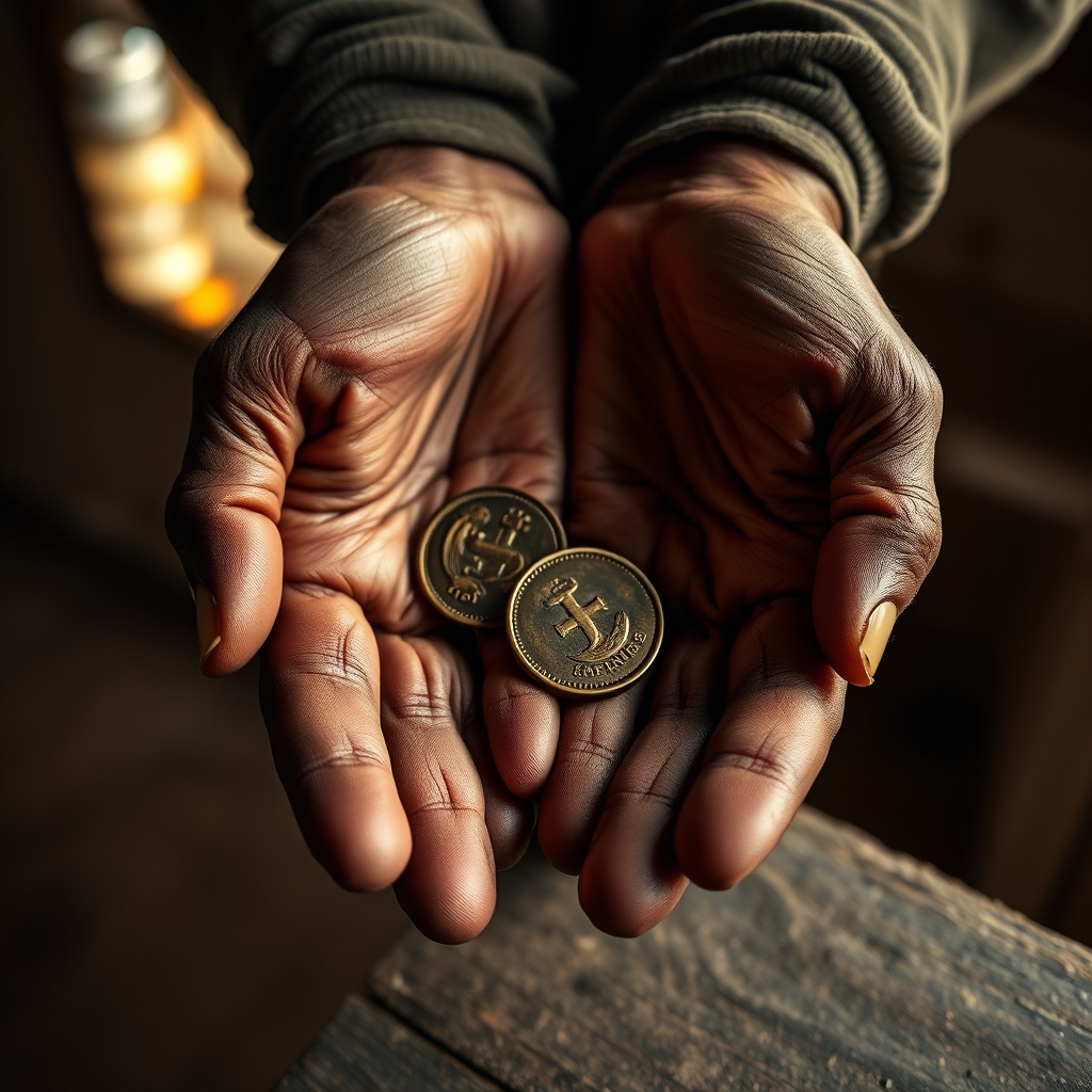 Close-up of aged hands holding two tiny ancient coins, illustrating sacrificial giving from poverty.