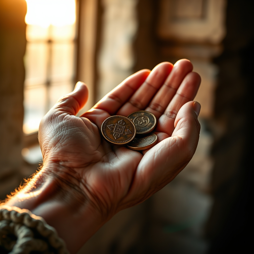 Close-up of aged hands offering two small copper coins, lit by golden sunlight, symbolizing sacrificial giving.