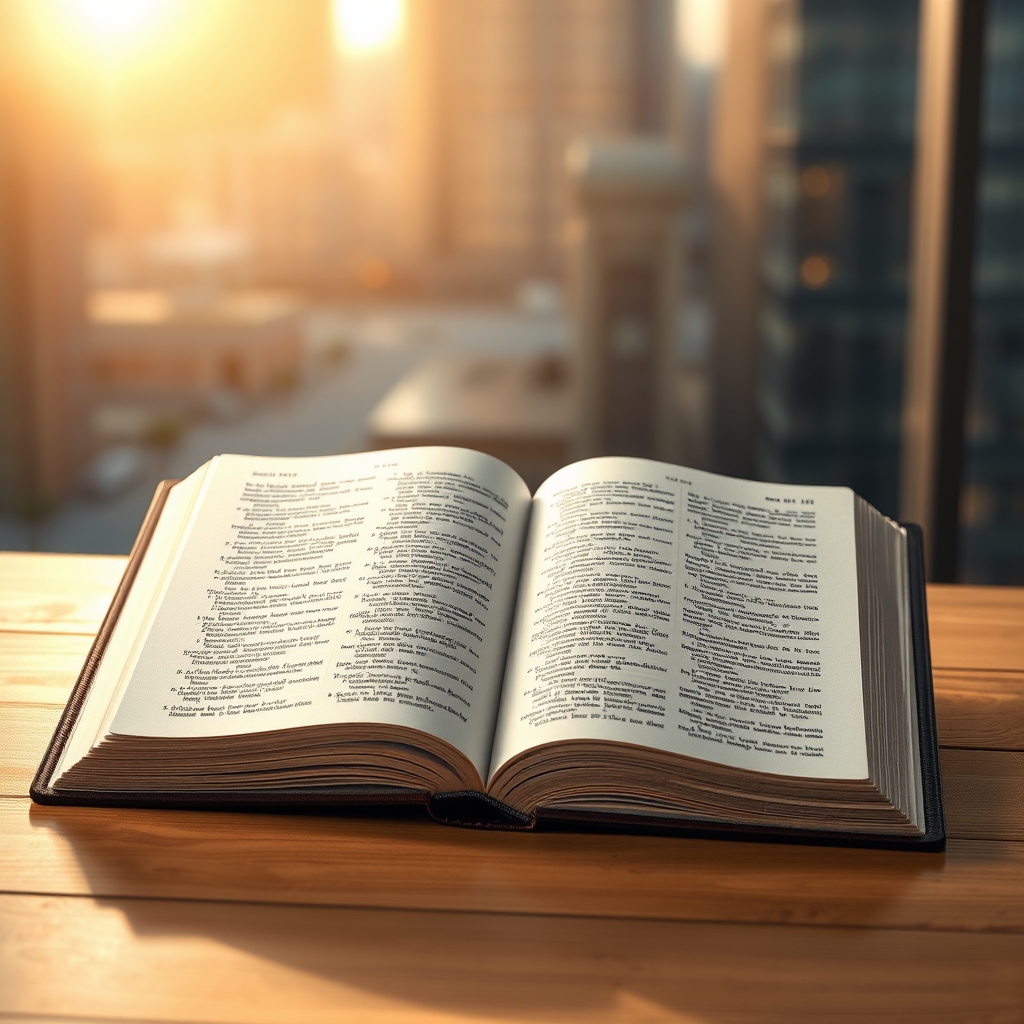 Close-up of an open Bible on a wooden table, softly lit, with blurred cityscape in the background