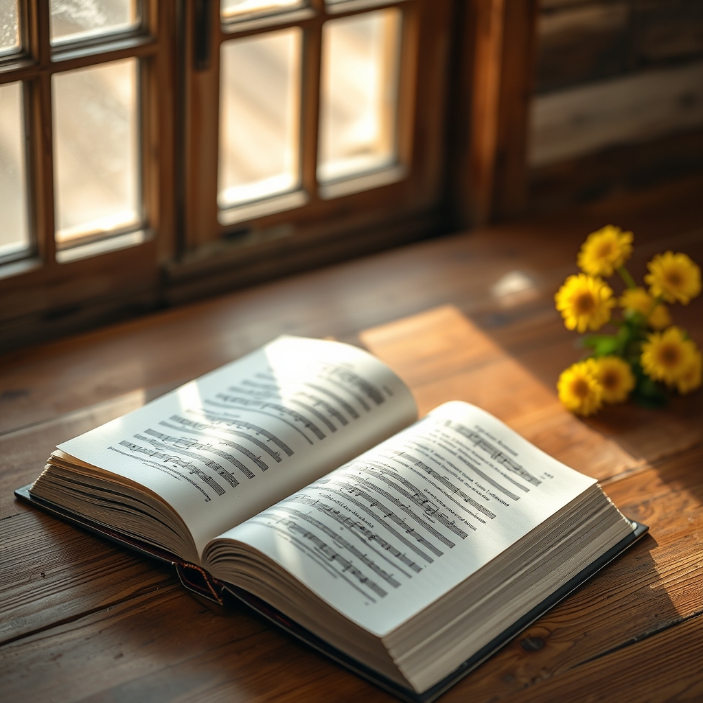 Close-up of an open hymnal book bathed in warm natural light on a rustic wooden surface.