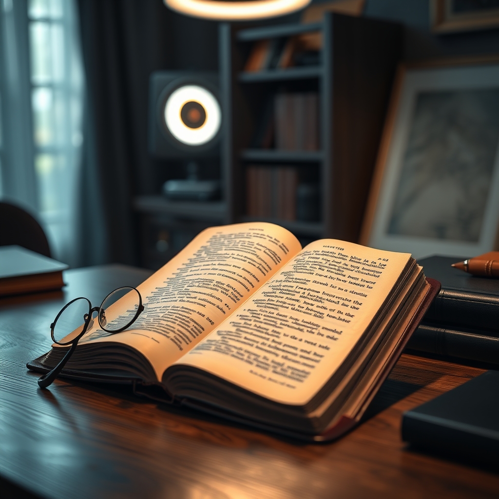 Close-up of an open, leather-aged book resting on a clean wooden desk in a warmly lit office space.
