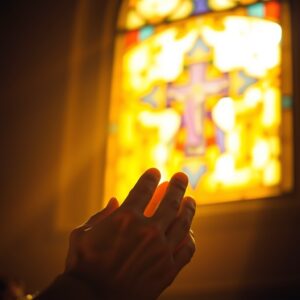 Close-up of hands clasped in prayer against a warm, golden-lit stained glass window with a cross, evoking a reverent and intimate moment of faith and gratitude.