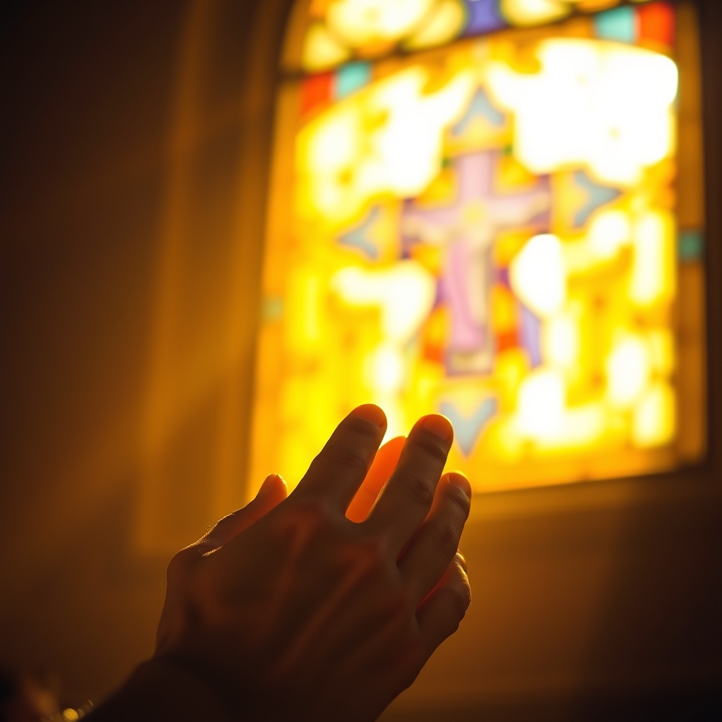 Close-up of hands clasped in prayer against a warm, golden-lit stained glass window with a cross, evoking a reverent and intimate moment of faith and gratitude.