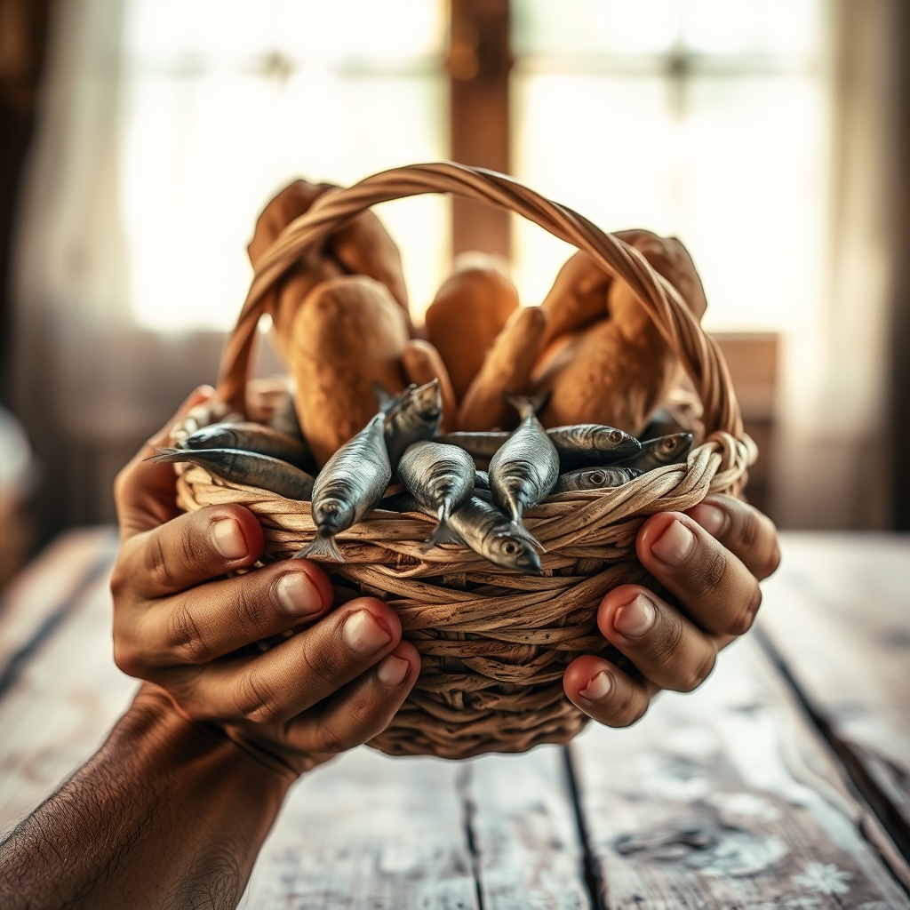 Close-up of hands holding a basket filled with loaves of bread and fish, symbolizing God's provision.