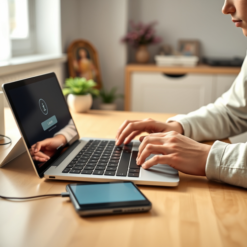 Close-up of young person’s hands typing on a laptop with tablet and smartphone nearby, in a clean home study environment.