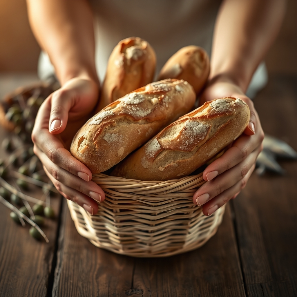 Close-up photograph of loaves of bread in a woven basket on a rustic wooden table with soft natural light