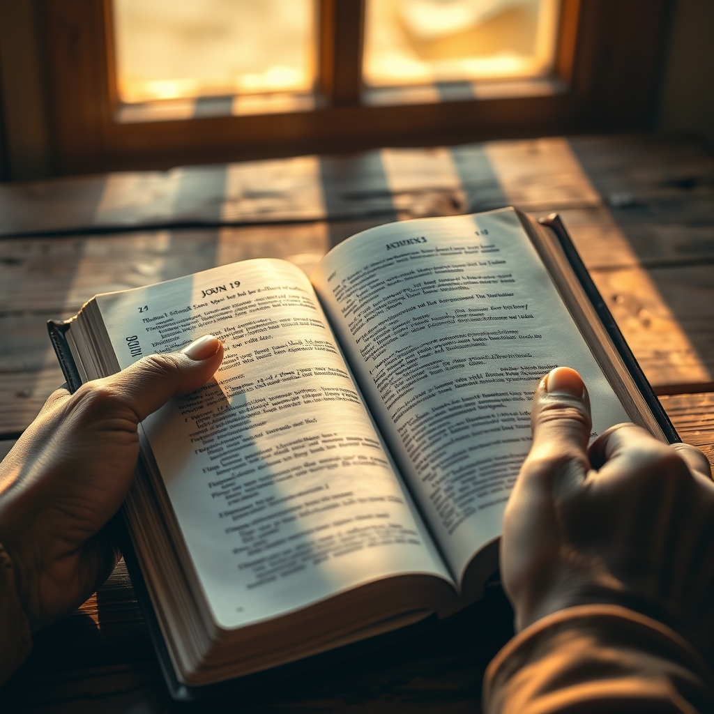 Closeup of weathered hands holding an open worn Bible at John 19 on a wooden table in warm morning light, symbolizing courage and inspiring personal faith commitment.