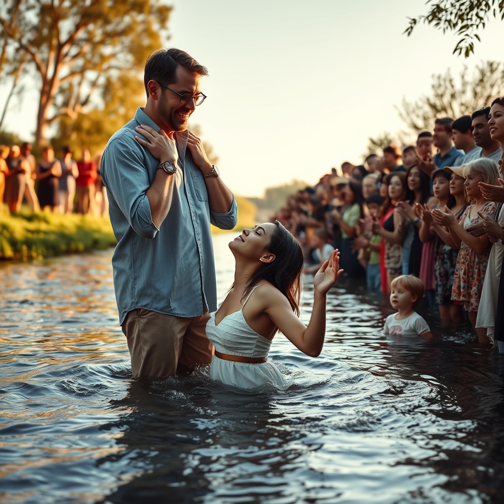 Contemporary riverside baptism photograph showing a diverse congregation gathered at the water's edge in natural golden light, reflecting the Jesus Movement tradition associated with Lonnie Frisbee.